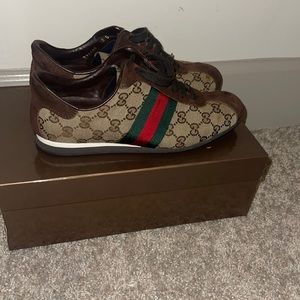 Gucci Beige/Brown GG Canvas and Suede Web Lace Up Sneakers
